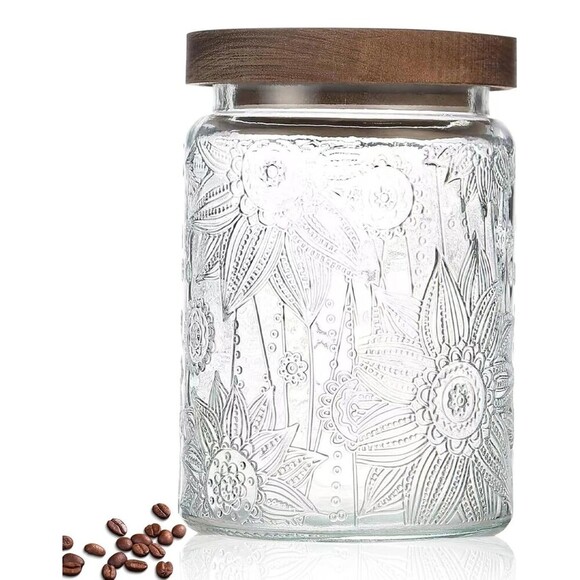 NEW- Sunflower Vintage Look Glass Jar with Bamboo Lid 24 OZ Airtight Container - Picture 1 of 2